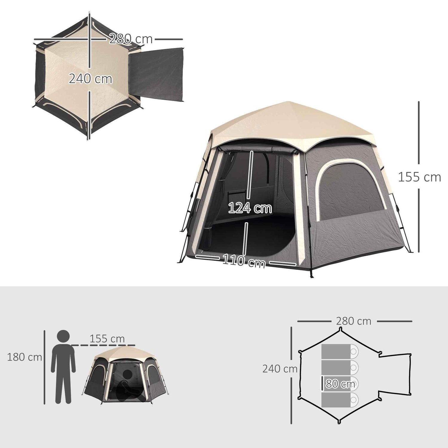Instant  Up Camping Tent, 2,3,4 Person Easy Setup Dome Family Tent With Vestibule, Rainfly, 4 Mesh Windows &amp; 2 Doors, Hexagonal Design, Waterproof &amp; UV Protected, Dark Grey
