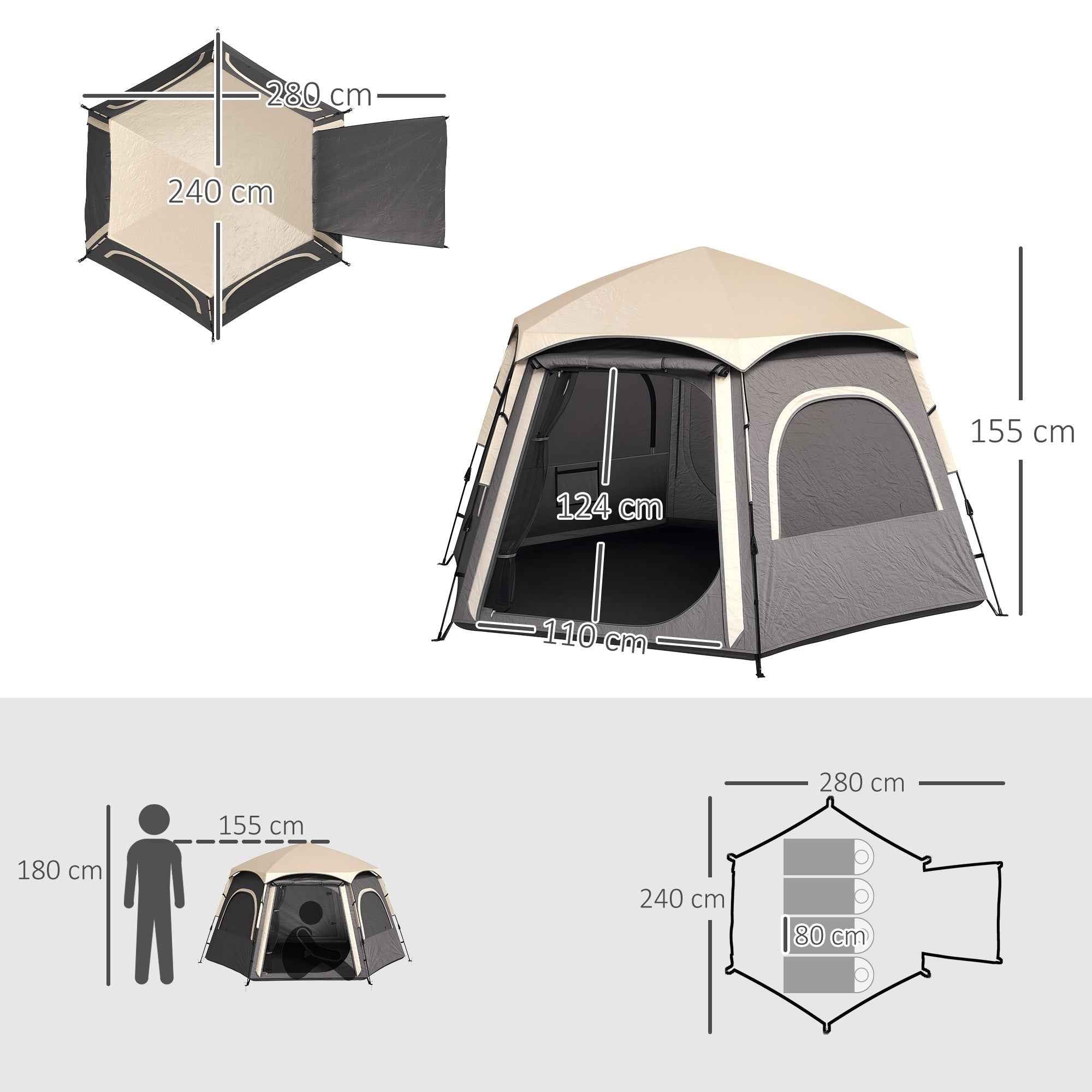 Instant  Up Camping Tent, 2,3,4 Person Easy Setup Dome Family Tent With Vestibule, Rainfly, 4 Mesh Windows &amp; 2 Doors, Hexagonal Design, Waterproof &amp; UV Protected, Dark Grey
