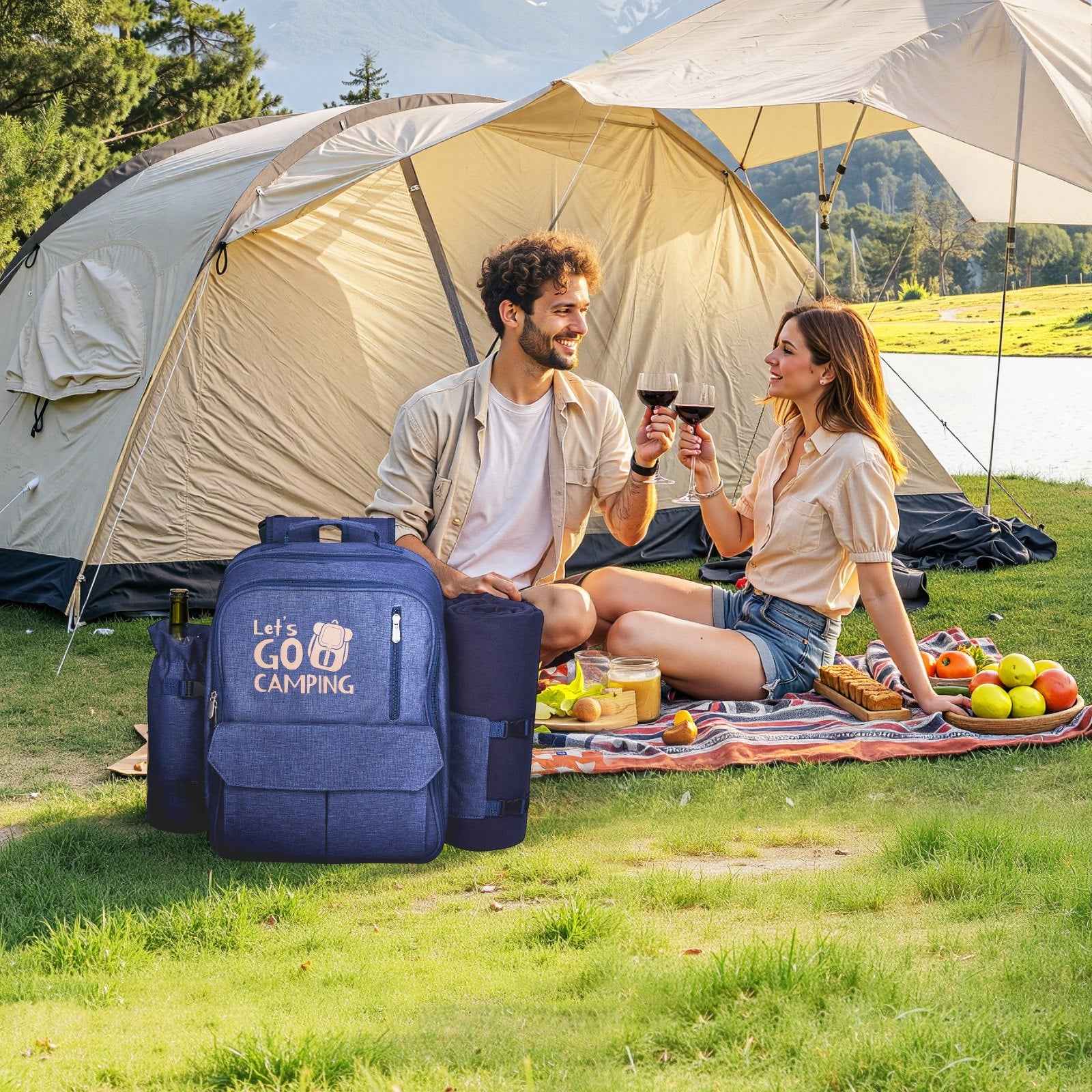 Beach Picnic Backpack Bag For 4 Person With Cooler Compartment Navy Blue