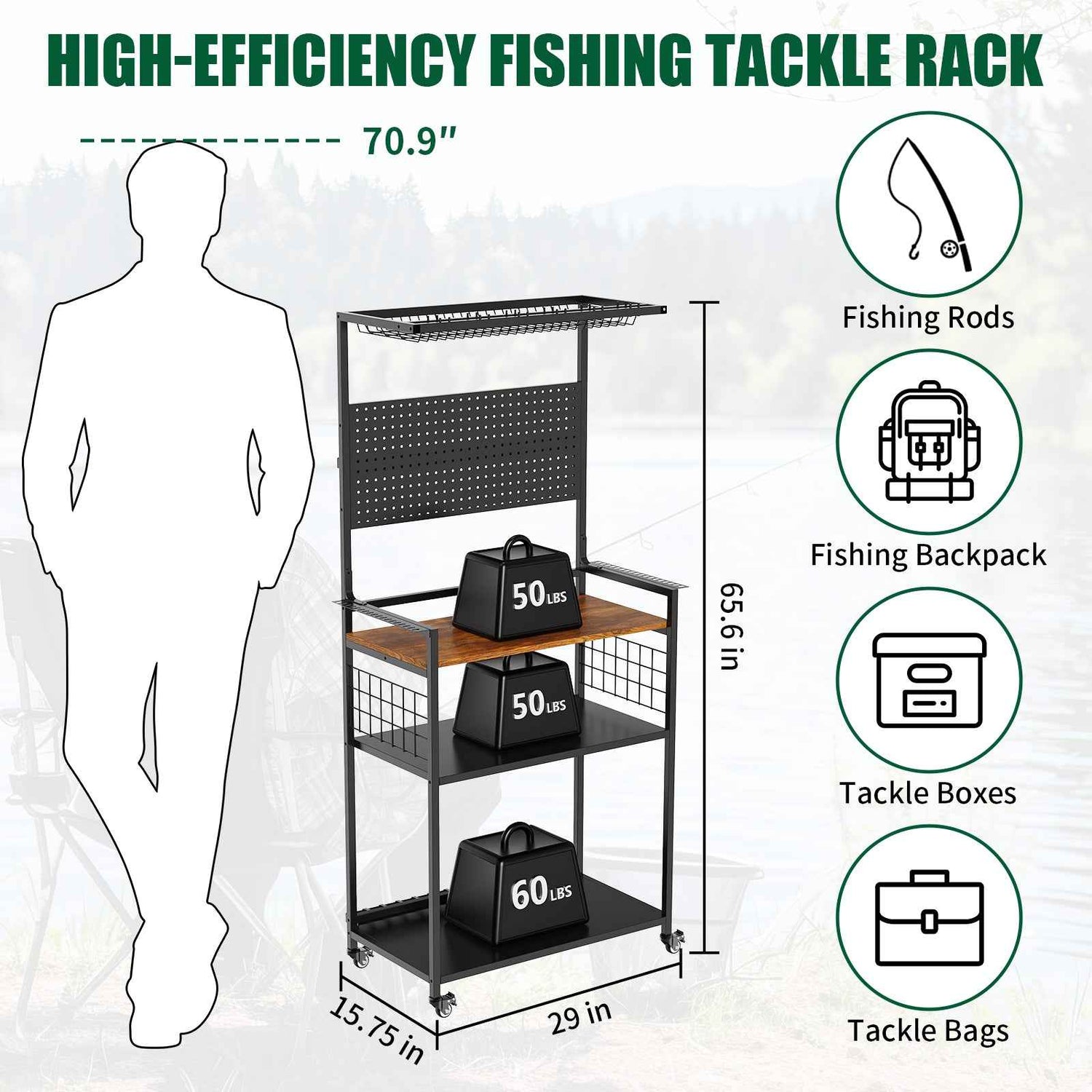 Fishing Rod Storage Rack With Pegboard, Rolling Tackle Organizer Cart, Multi-Tier Fishing Gear Stand For Rods, Reels, Tackle Boxes &amp; Bags, Heavy Duty Metal Holders With Lockable Wheels