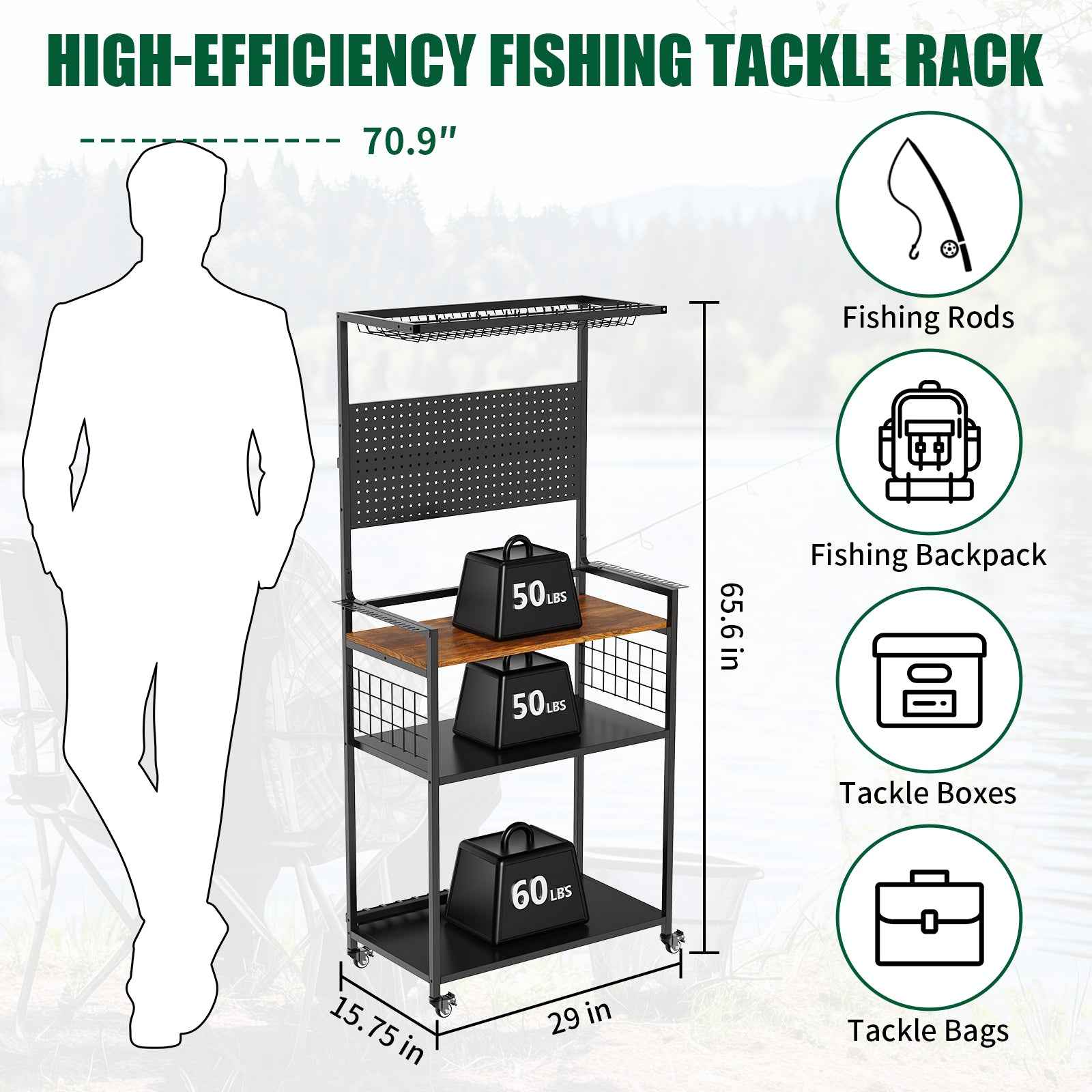 Fishing Rod Storage Rack With Pegboard, Rolling Tackle Organizer Cart, Multi-Tier Fishing Gear Stand For Rods, Reels, Tackle Boxes &amp; Bags, Heavy Duty Metal Holders With Lockable Wheels