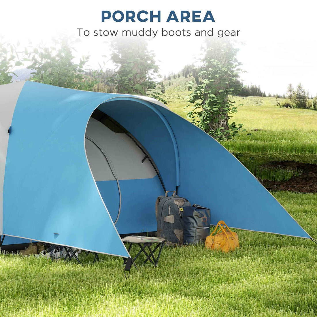 3000mm Waterproof Camping Tent For 5-6 Man, Family Tent With Porch And Sewn In Groundsheet, Portable With Bag, Blue