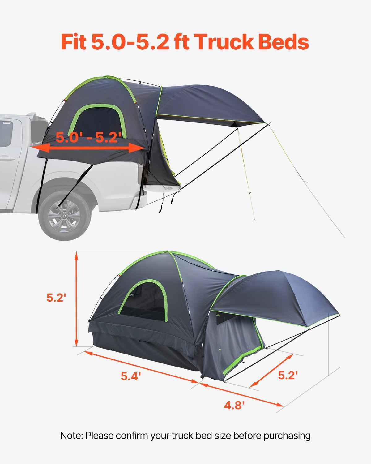 Pickup Truck Tent, Fits 5.0-5.2 Ft Truck Tents For Camping, Waterproof PU2000 Mm 2-3 Person Sleeping Truck Bed Tent, Sturdy Truck Bed Camper Shell With Expandable Awning, Rainfly, Storage Bag