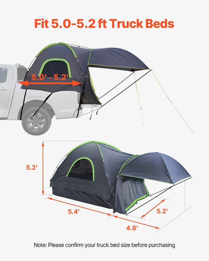 Pickup Truck Tent, Fits 5.0-5.2 Ft Truck Tents For Camping, Waterproof PU2000 Mm 2-3 Person Sleeping Truck Bed Tent, Sturdy Truck Bed Camper Shell With Expandable Awning, Rainfly, Storage Bag