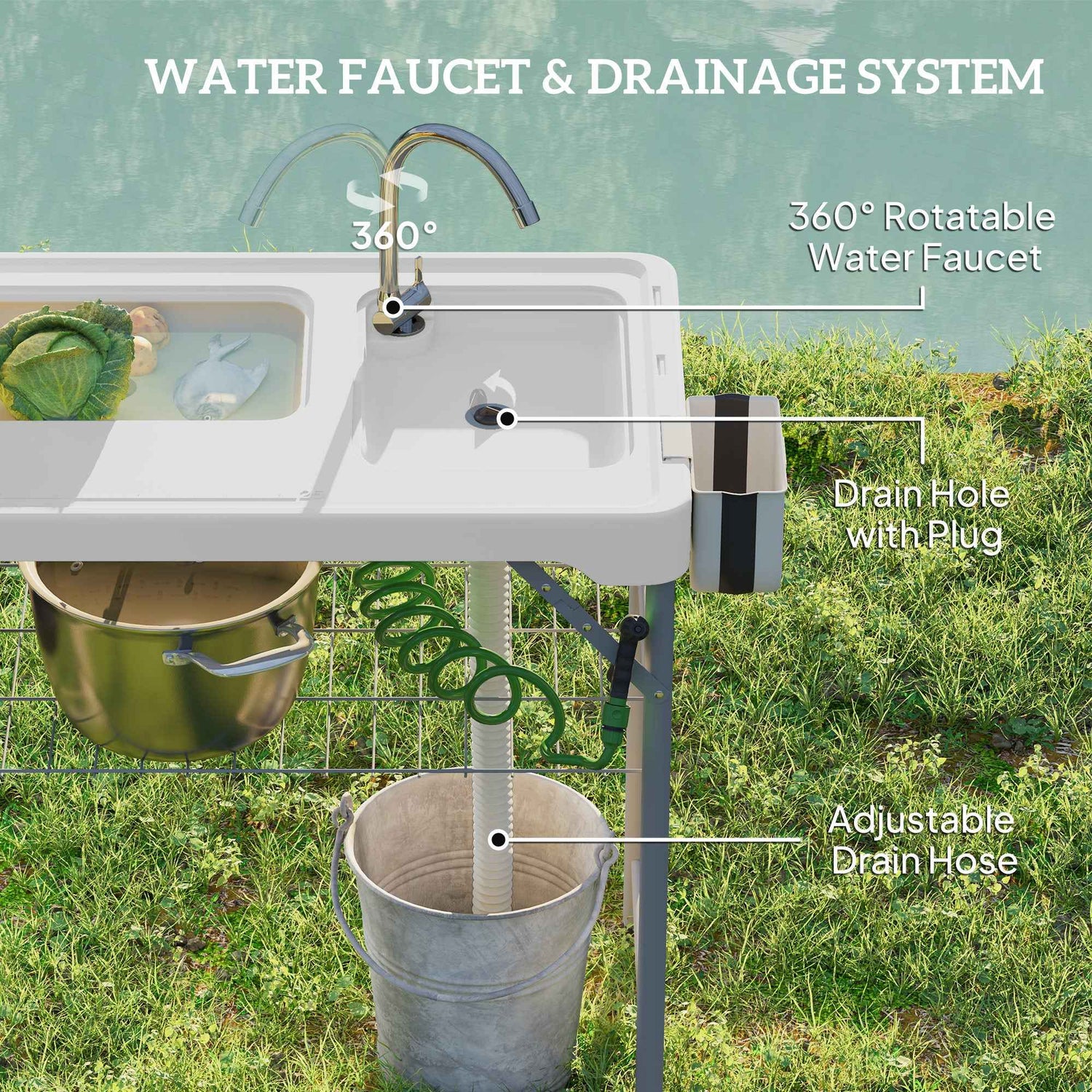 Folding Fish Cleaning Table With Sinks, Portable Camping Sink Table With Faucet, Drainage Hose, Sprayer, Shelf, Drawer And Storage Basket, Outdoor Fillet Table For Picnic Beach Patio, White