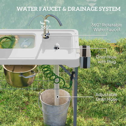 Folding Fish Cleaning Table With Sinks, Portable Camping Sink Table With Faucet, Drainage Hose, Sprayer, Shelf, Drawer And Storage Basket, Outdoor Fillet Table For Picnic Beach Patio, White