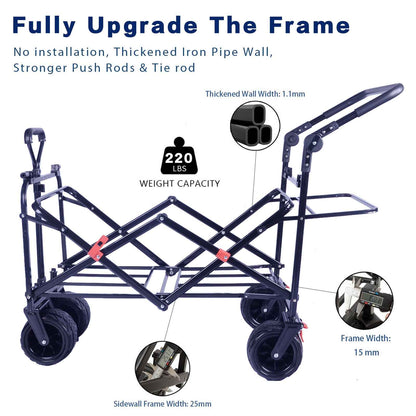 Collapsible Wagon 140L Wagons Carts Foldable With Removable Canopy, Folding Wagon Cart With Wheels For All-Terrain With Brake, Foldable Wagon With Cooler Bag, For Camping Beach Shoppin