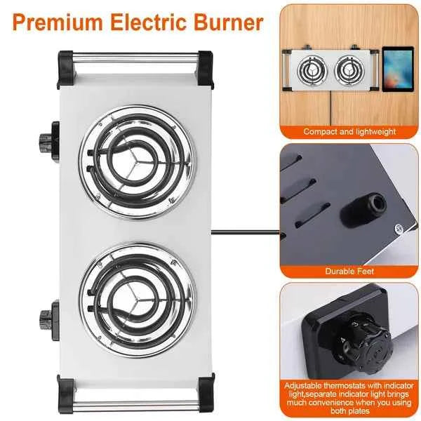 2000W Electric Dual Burner Portable Coil Heating Hot Plate Stove Countertop RV Hotplate With 5 Temperature Adjustments Portable Handles