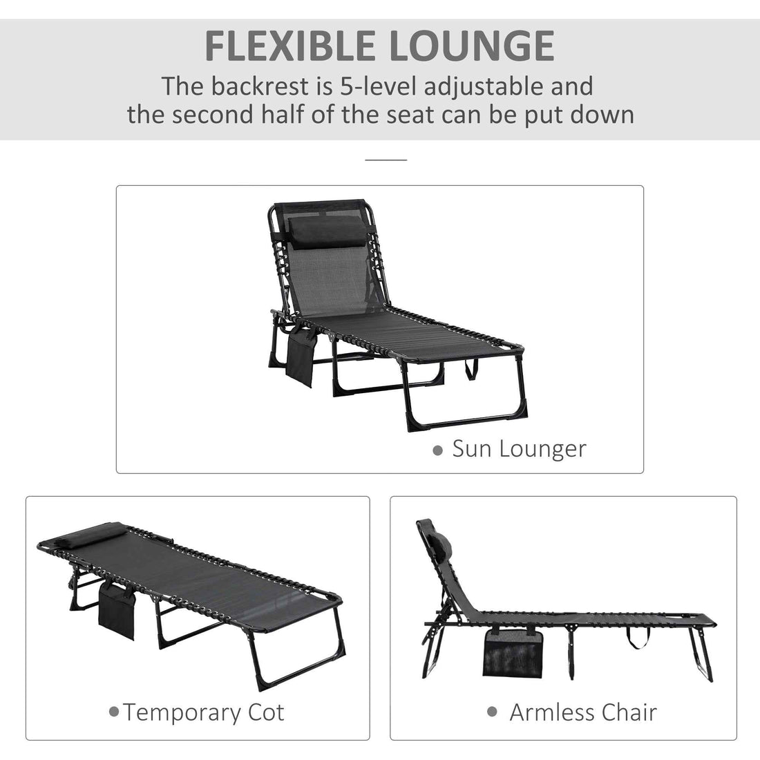 Reclining Chaise Lounge Chair, Portable Sun Lounger, Folding Camping Cot with Adjustable Backrest and Removable Pillow, for Patio, Garden, Beach, Black