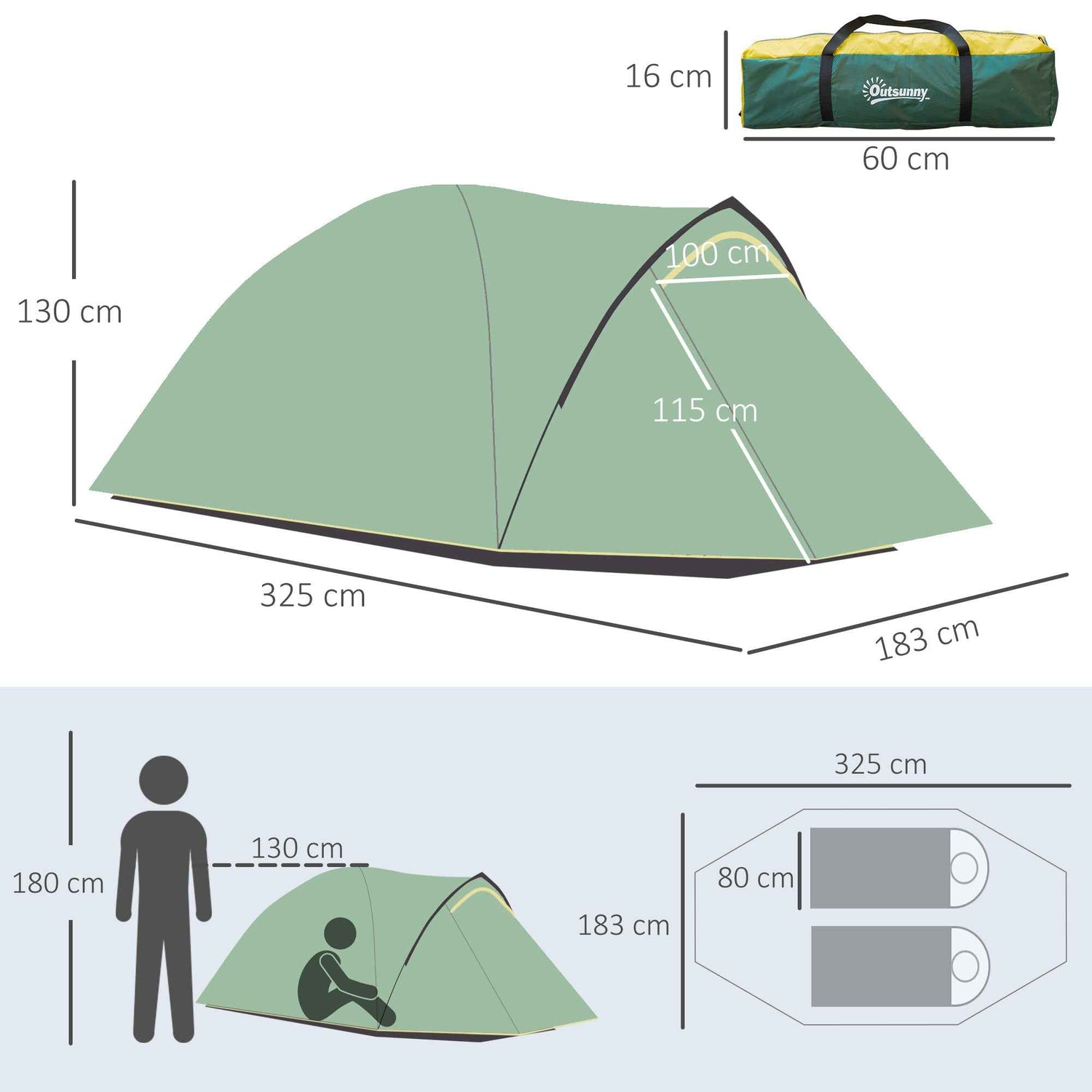 Dome Tent For 2 Person Camping Tent With Large Windows, Waterproof Green And Yellow