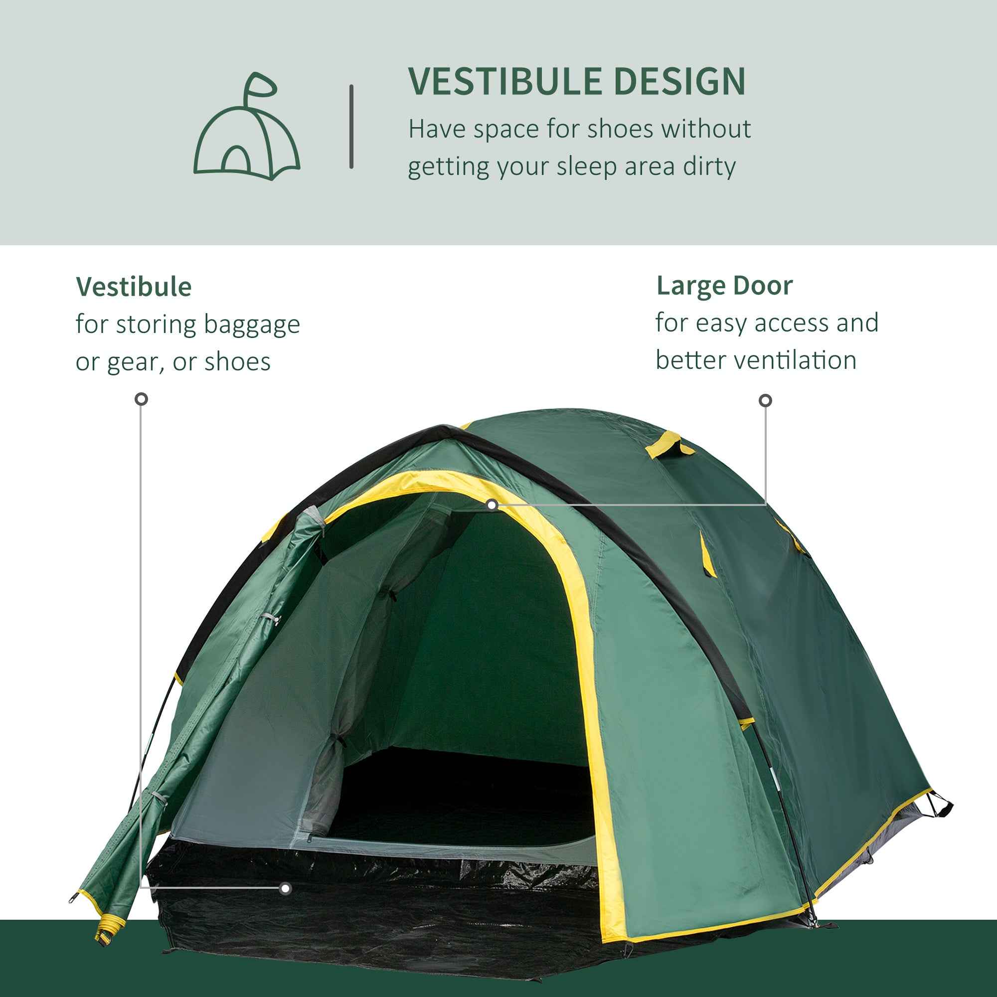 Dome Tent For 2 Person Camping Tent With Large Windows, Waterproof Green And Yellow