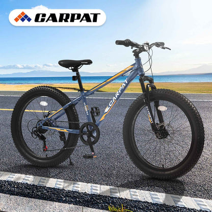 S24109 Elecony 24 Inch Fat Tire Bike Youth Full Shimano 7 Speeds Mountain Bike, Dual Disc Brake, High-Carbon Steel Frame, Front Suspension, Mountain Trail Bike, Urban Commuter City Bicycle