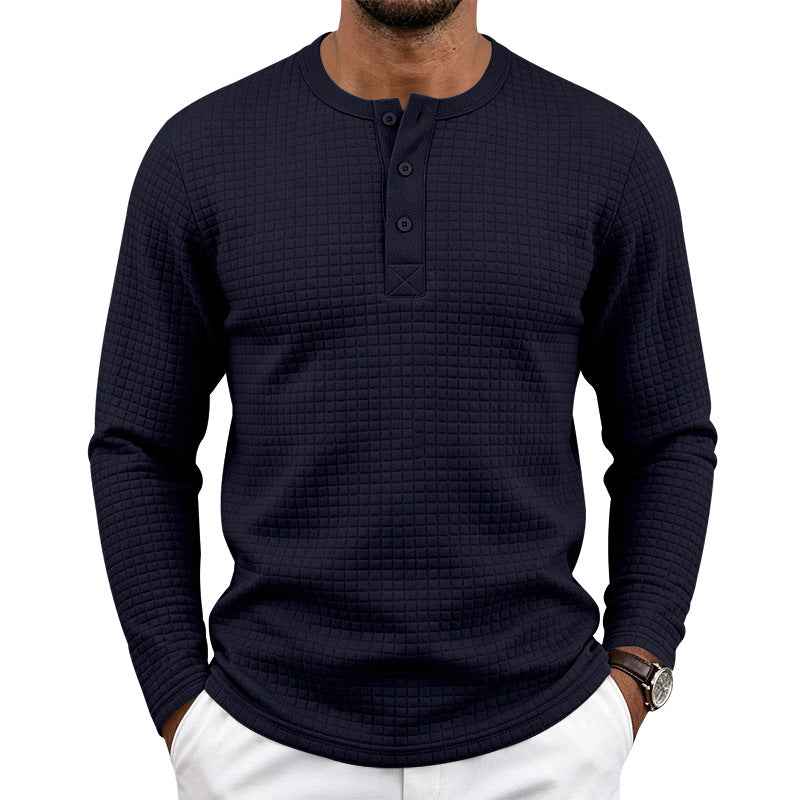 Mens Retro Jacquard Plaid Loose-Fit Long-Sleeve Henley T-Shirt