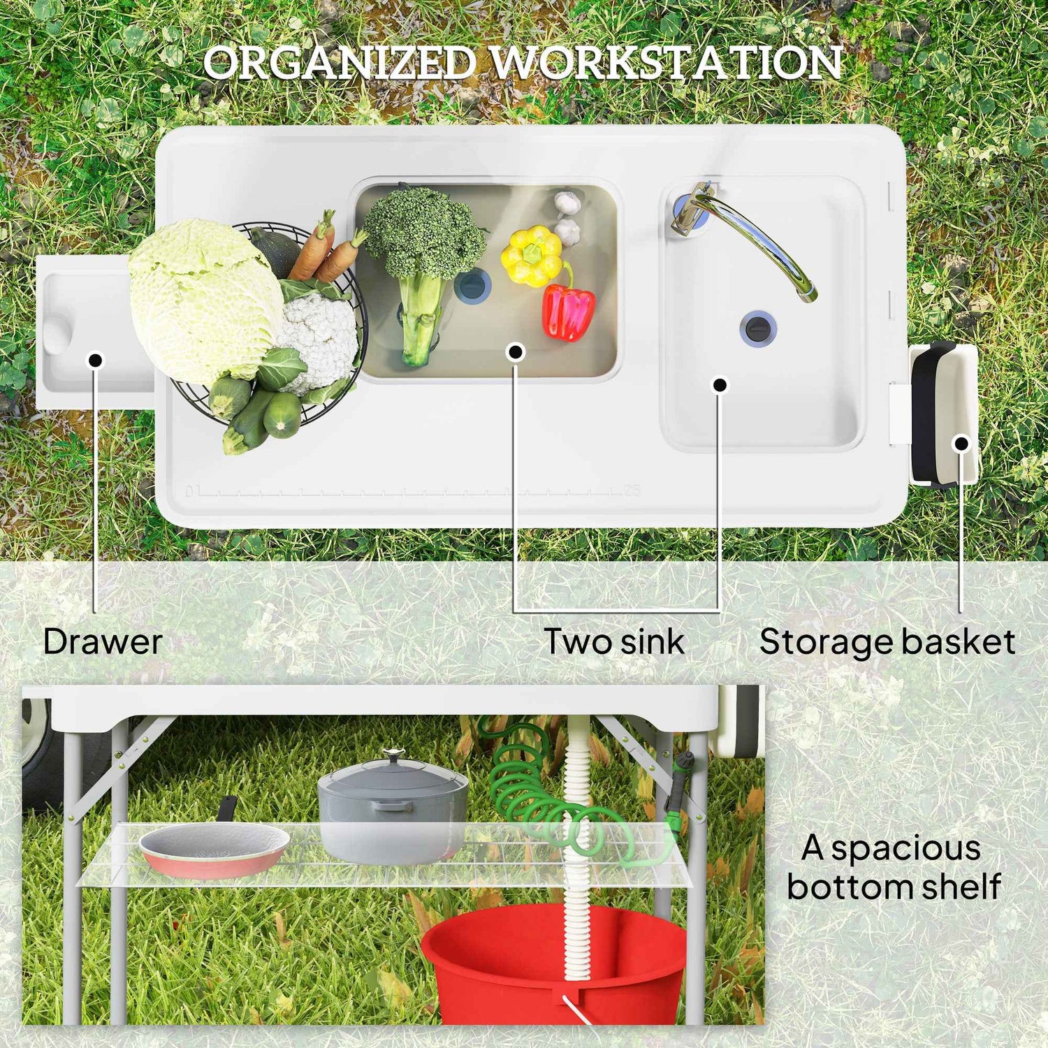 Folding Fish Cleaning Table With Sinks, Portable Camping Sink Table With Faucet, Drainage Hose, Sprayer, Shelf, Drawer And Storage Basket, Outdoor Fillet Table For Picnic Beach Patio, White