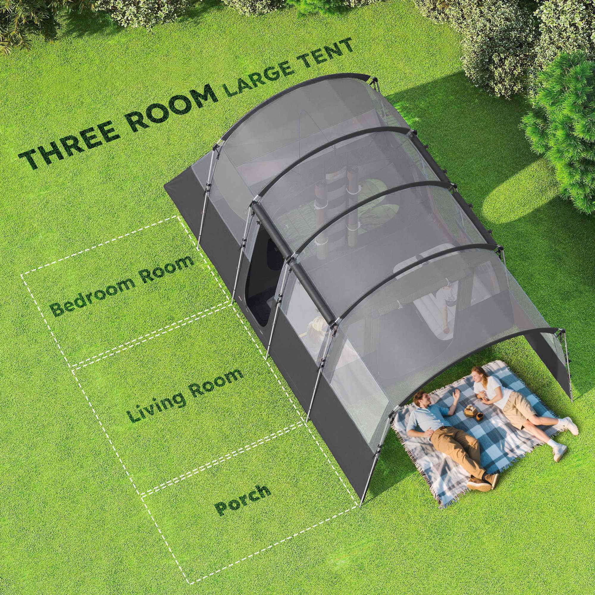 8-Person Camping Tent, Waterproof Family Tent, Tunnel Design, 4 Large Windows, Sleeping Cabins 3000mm Water Column Grey