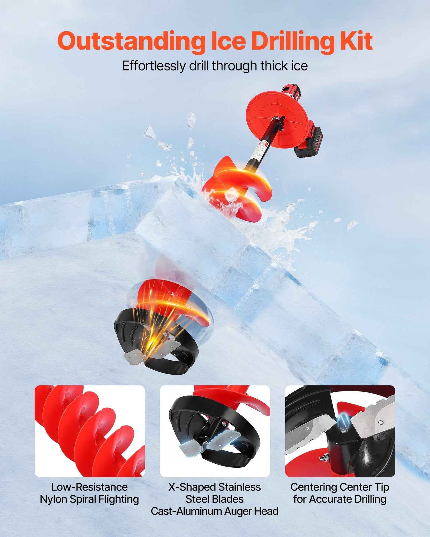 Ice Auger Drill Bit, 8in Diameter 39in Length, Cordless Nylon Ice Fishing Augers With Extra 13.4in Extension Rod, Drill Adapter, Top Plate And Blade Guard