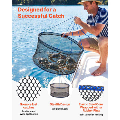 Foldable Fishing Net, Landing Fishing Pier Nets, Portable Drop Net For Pulling Up Fish, Durable And Fish-friendly, With Rope And Storage Bag, For Minnows, Crawfish, Shrimp, Crab