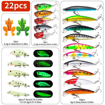 22-piece Set Hard Lure Soft Frog Popper Minnow Pencil VIB Luminous Bait Set Durable Hooks Realistic Action Ideal