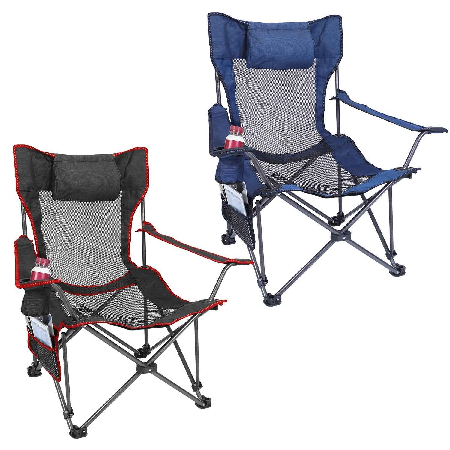 1Pc Foldable Camping Chair 330LBS Load Heavy Duty Steel Lawn Chair Collapsible Chair With Reclining Backrest Angle Cup Holder Pillow Side Pocket Carry Bag