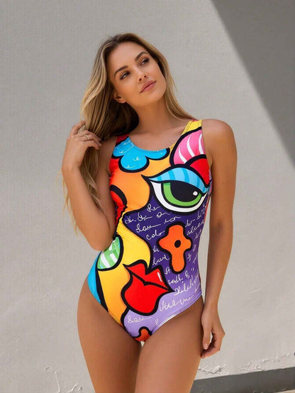 2026 New Sexy One-Piece Fitness Swimsuit With Tropical Print Color For Beach Vacation Swimming Women