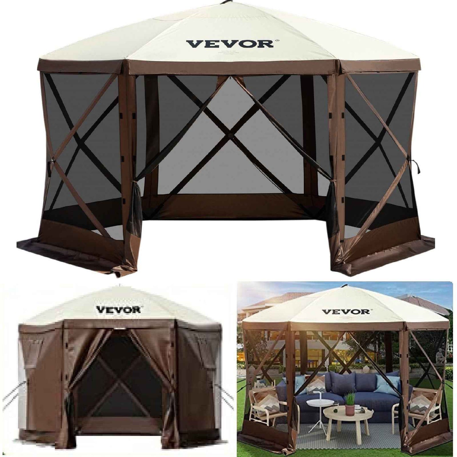 VEVOR Camping Gazebo Screen Tent, 6 Sided Pop Up Canopy Shelter Tent With Mesh Windows, Portable Carry Bag, Stakes, Large Shade Tents For Outdoor Camping, Lawn And Backyard, Brown Beige