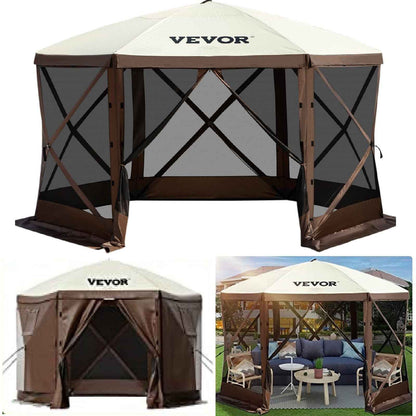 VEVOR Camping Gazebo Screen Tent, 6 Sided Pop Up Canopy Shelter Tent With Mesh Windows, Portable Carry Bag, Stakes, Large Shade Tents For Outdoor Camping, Lawn And Backyard, Brown Beige