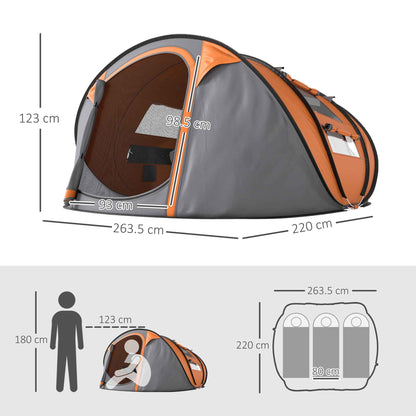 4 Person Pop-up Camping Tent Family Tent With Ground Sheet, 4 Windows And Portable Carry Bag For Beach Outdoor Trip, Orange
