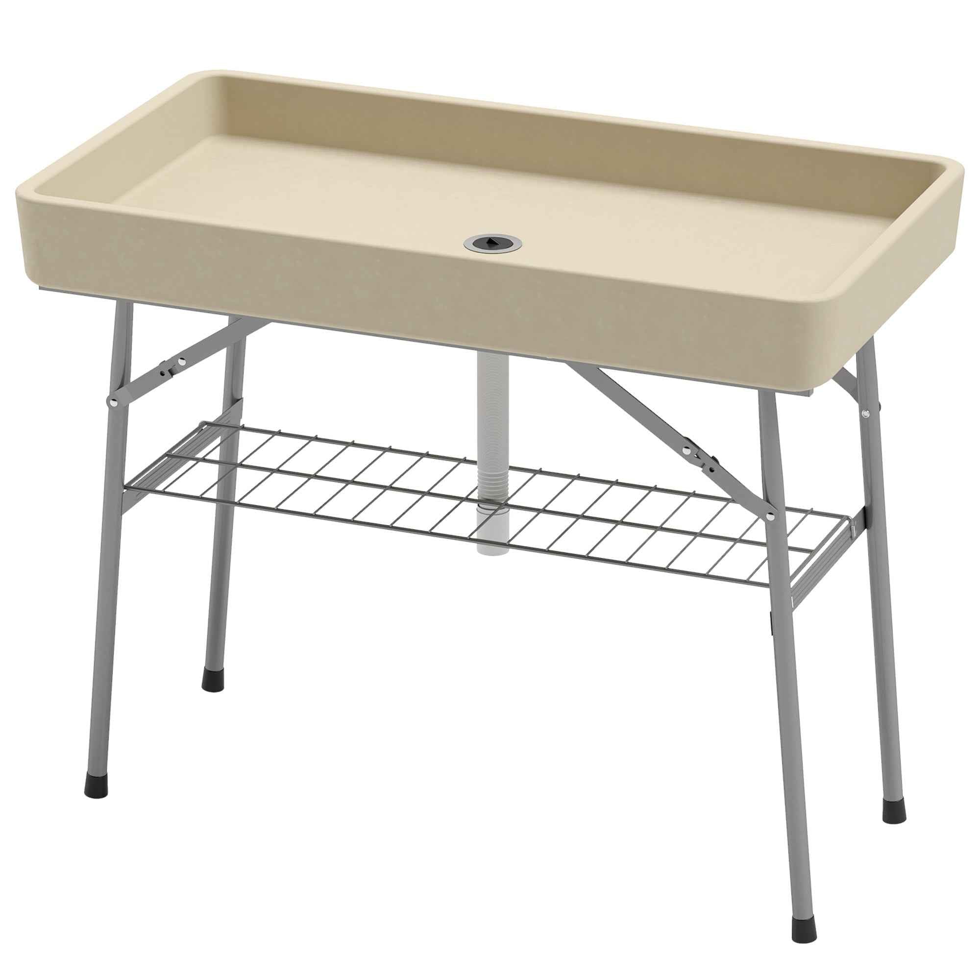 3.4ft Folding Ice Cooler Table With Drain, Fill And Chill Table Outdoor Table Cooler With Storage Shelf, Drink Cooler For Parties Picnic BBQ Camping Wedding, Tan