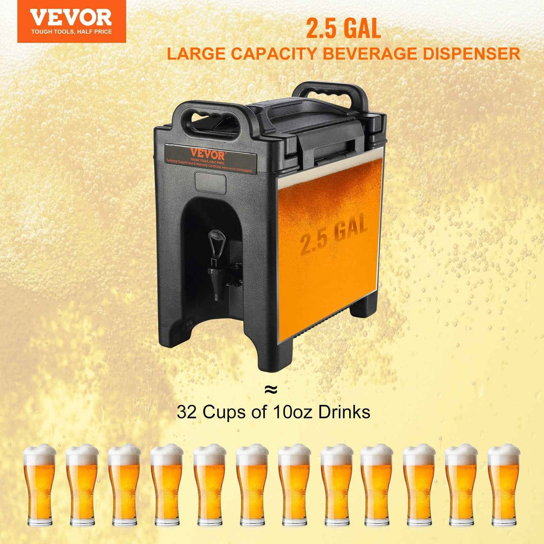 Insulated Beverage Dispenser, 2.5 Gallon, Food-grade LDPE Hot And Cold Beverage Server, Thermal Drink Dispenser Cooler With 0.9 In PU Layer Two-Stage Faucet Handle, For Restaurant Drink Shop