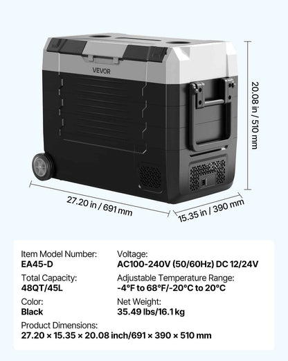 Car Refrigerator, DC 12/24V AC100-240V Compressor Electric Cooler,  -4°F To 68°F Truck Refrigerator With APP Control, Wheels &amp; Dual Zone, 48 QT Cars Cooler For RVs, Boats, Camping, Fishing