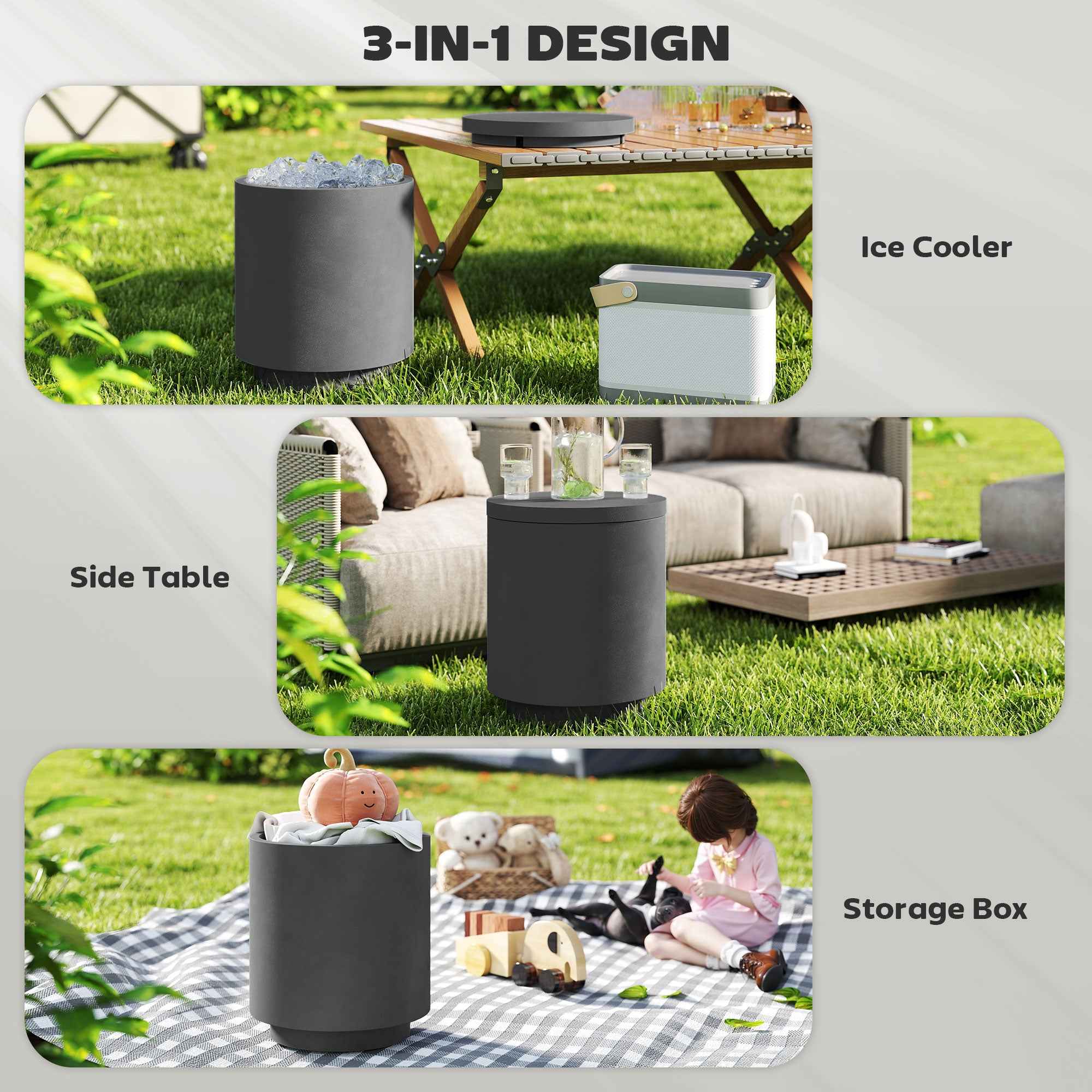 2.6 Gal Outdoor Side Table, 3-In-1 Concrete Cooler Bar Table With Storage, Removable Ice Bucket And Lid, Charcoal Gray