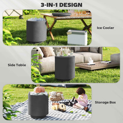 2.6 Gal Outdoor Side Table, 3-In-1 Concrete Cooler Bar Table With Storage, Removable Ice Bucket And Lid, Charcoal Gray