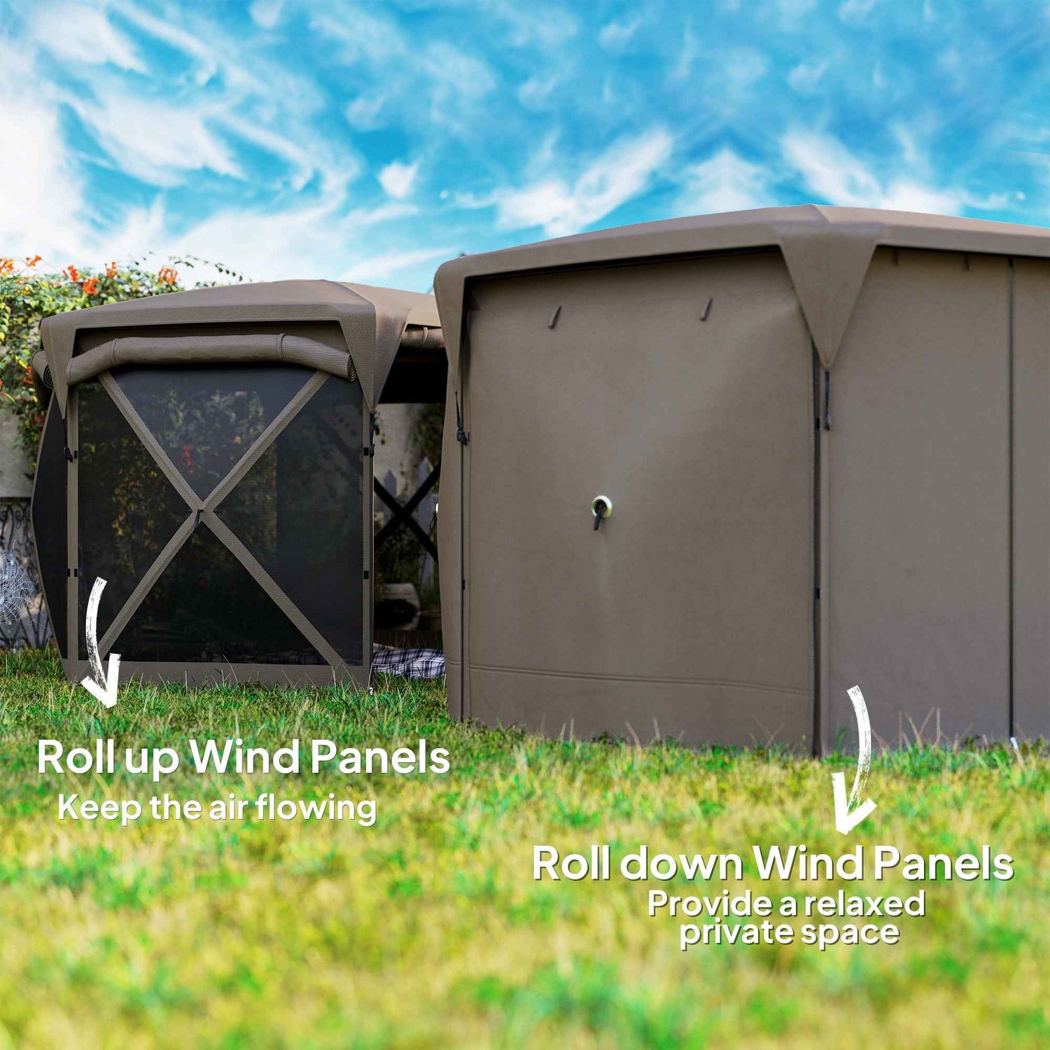 11 X 11ft Up Gazebo Screen Tent With Removable Roof Cover, Roll-up Wind Panels For Camping, Backyard, Brown