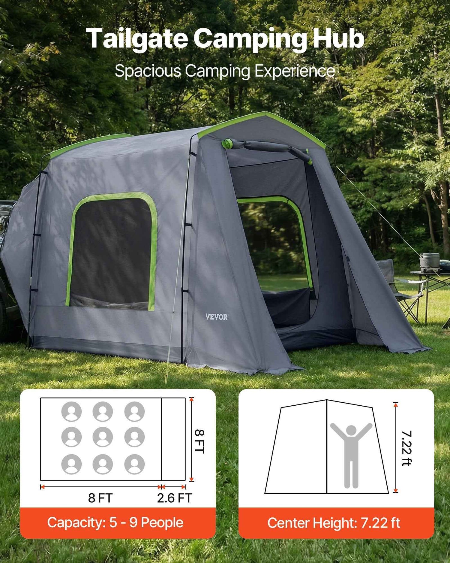 Large SUV Tent For 5–9 Person, 10.6 X 8 FT All-Season SUV Tailgate Tent With Ventilated Door &amp; Mesh Windows, PU3000mm Waterproof Dual-Use Car Rear Hatch Tents For Outdoor Camping Hiking