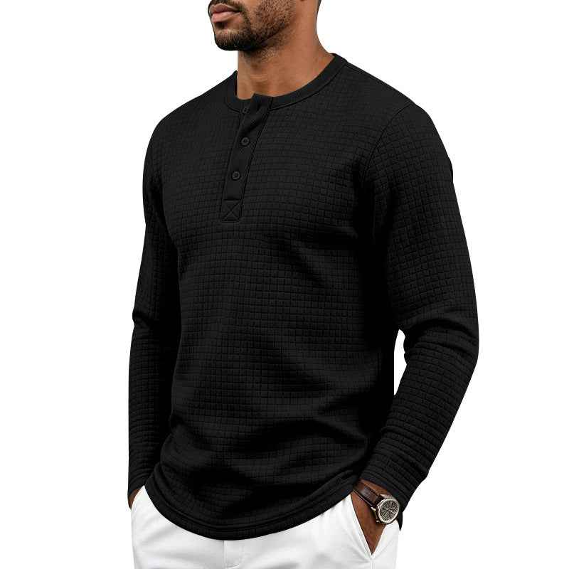 Mens Retro Jacquard Plaid Loose-Fit Long-Sleeve Henley T-Shirt