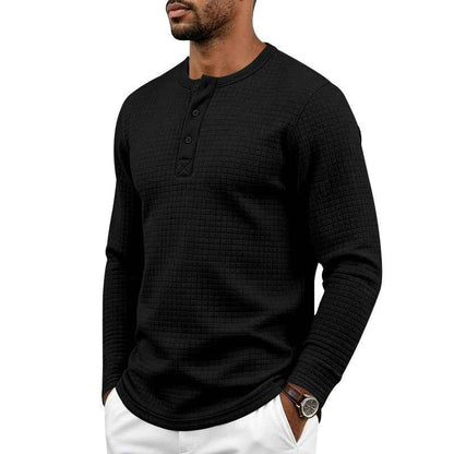 Mens Retro Jacquard Plaid Loose-Fit Long-Sleeve Henley T-Shirt
