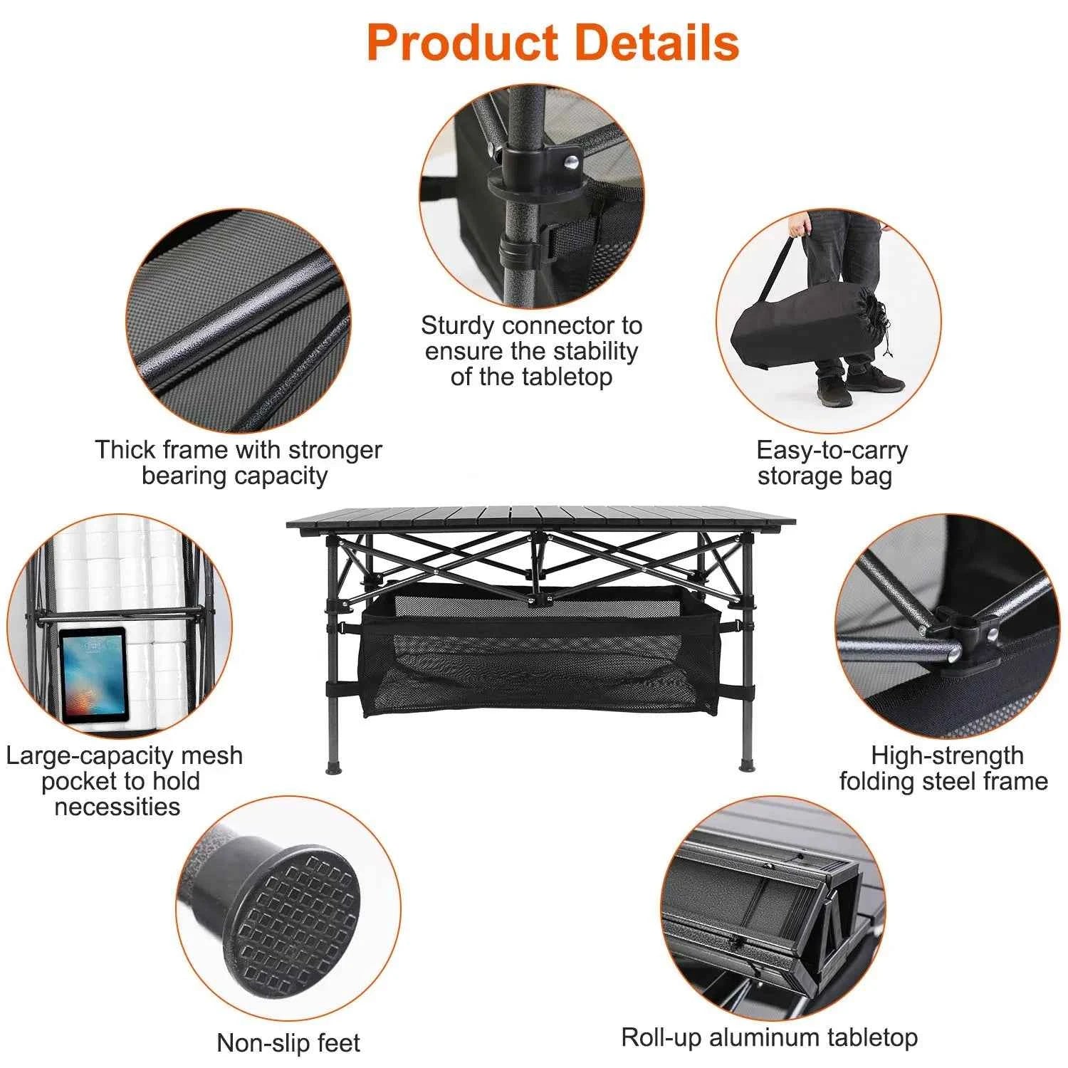 220 Lb Capacity Foldable Camping Table Aluminum Top &amp; Steel Frame With Mesh Basket Portable BBQ Picnic Beach Table Includes Carry Bag