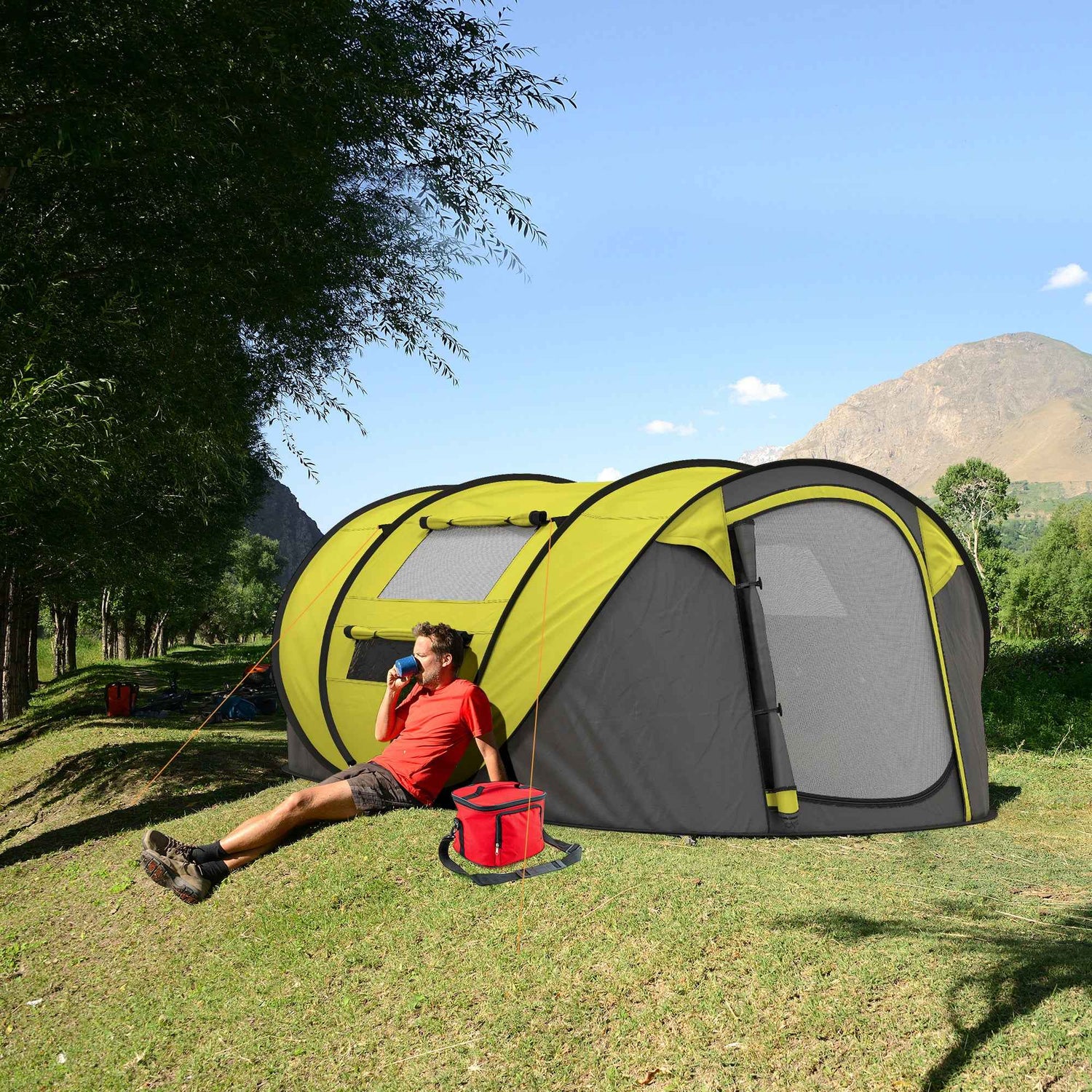 4 Person Pop-up Camping Tent Family Tent With Ground Sheet, 4 Windows And Portable Carry Bag For Beach Outdoor Trip, Yellow