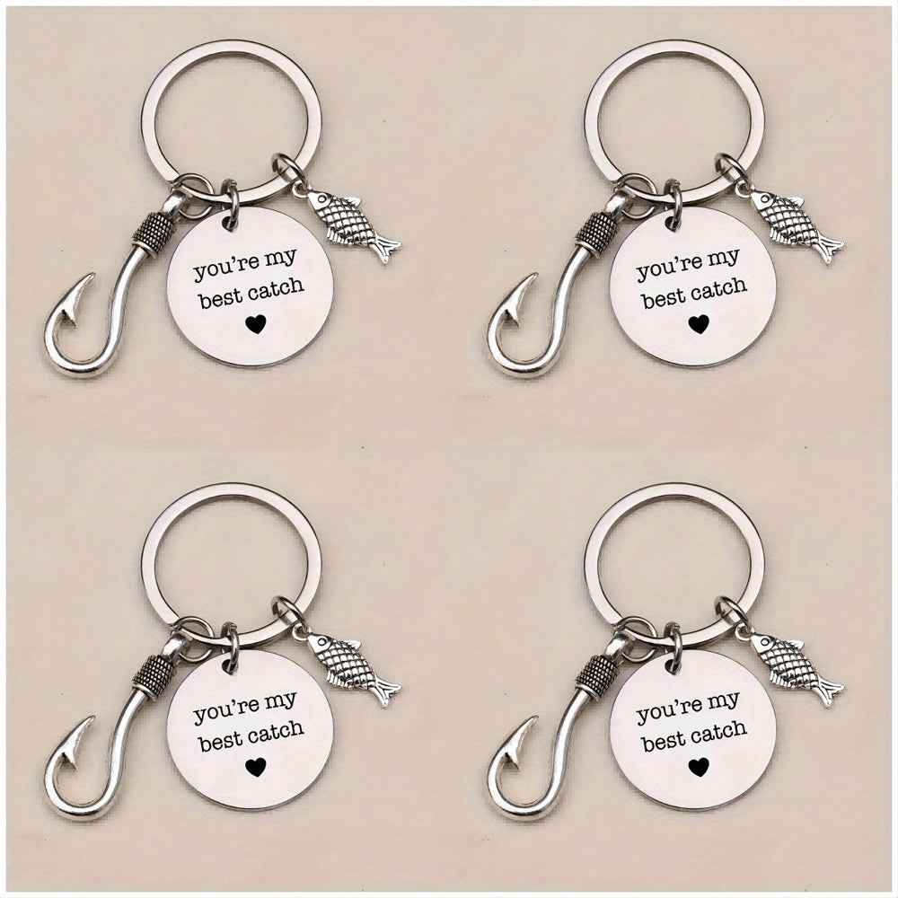 4pcs Stainless Steel Mountaineering Chain Keychain Metal Fishing Enthusiast Gift With Cartoon Style Fish Hook