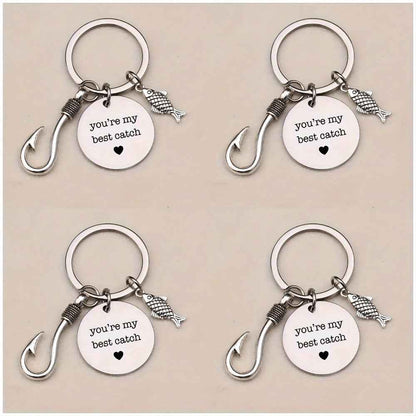 4pcs Stainless Steel Mountaineering Chain Keychain Metal Fishing Enthusiast Gift With Cartoon Style Fish Hook